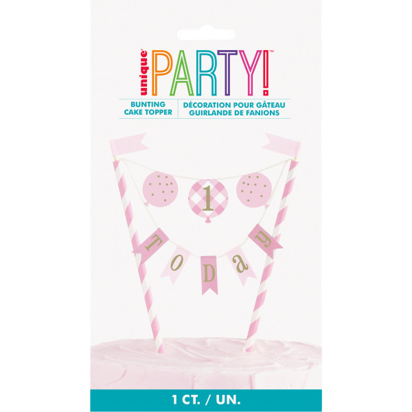 Cake top 1st birthday bunting pink